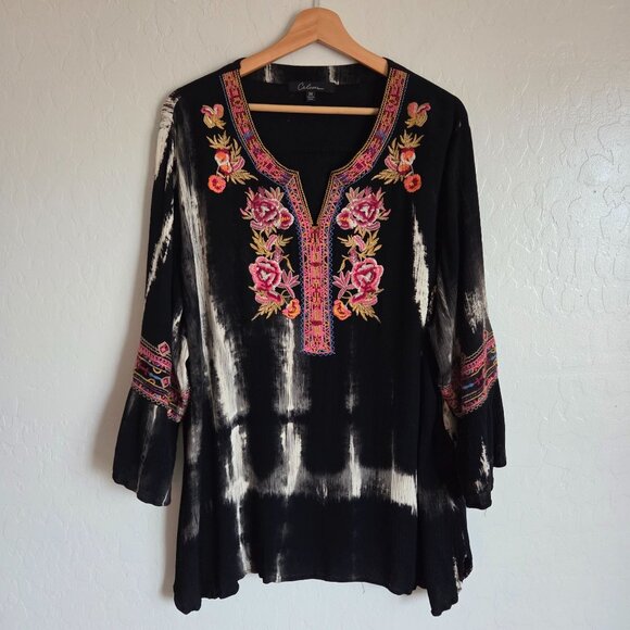Calessa Floral Embroidered Tie Dye Tunic Black/Pink 3X Plus Bell Sleeve Bohemian - Picture 1 of 10